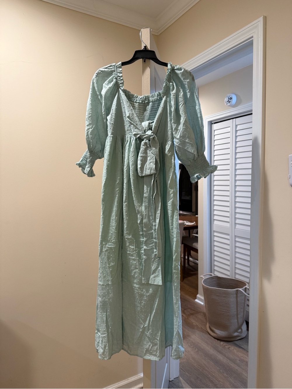 Mint Puff Sleeve Midi Dress with Front Tie